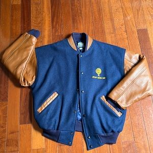 Knit trim and leather bomber jacket